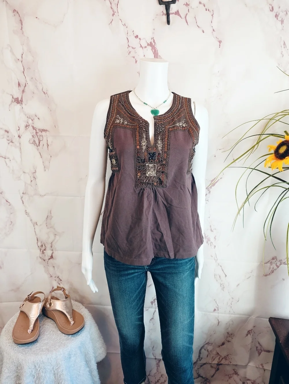 Boston Proper Embroidered Boho Tank XS Brown Beaded Sleeveless Top